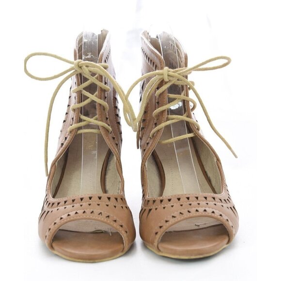 Catherine Malandrino Sz 8 Brown Faux Leather Perforated Lace Up Wedge Sandals - Picture 6 of 10